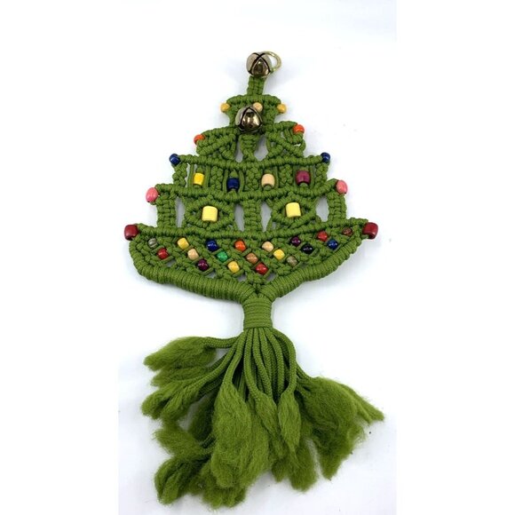 Macrame Christmas Tree Green Hanging Bells Wood Beads Decor 70's Hanging 17" Vtg - Picture 1 of 6